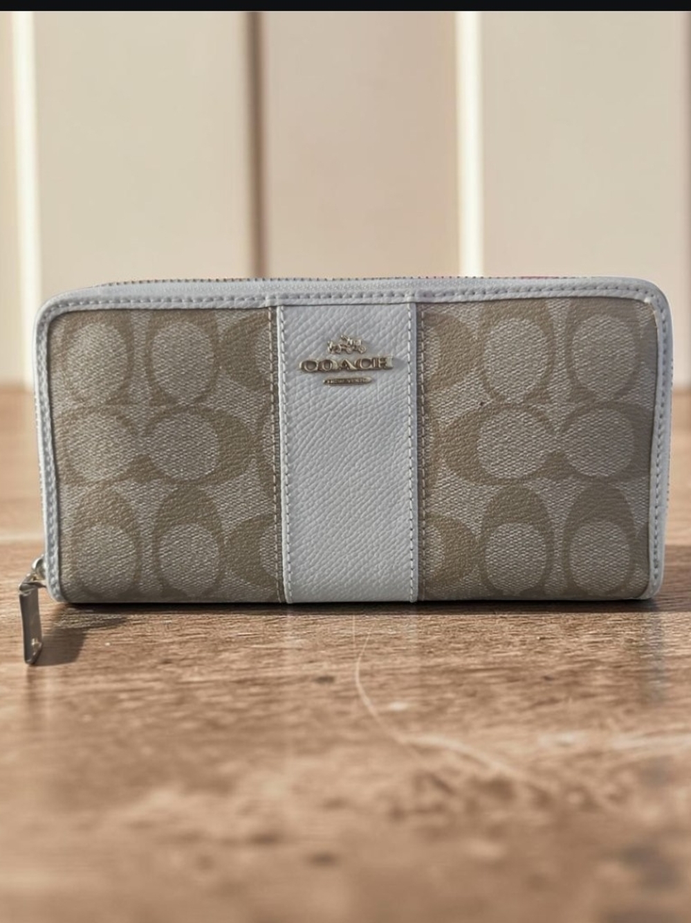 Coach Zip-Around Long Wallet in Khaki Signature and White Trim